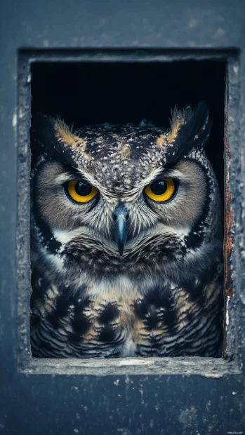 A moody vertical composition of an owl framed by light rays breaking through a window.