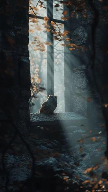 A moody vertical composition of an owl framed by light rays breaking through a window.