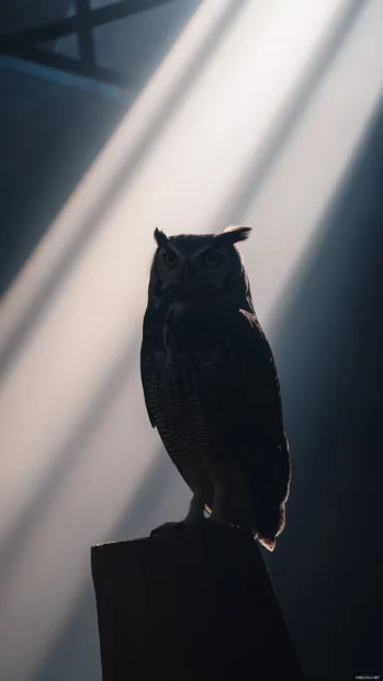 A moody vertical composition of an owl framed by light rays breaking through a window.