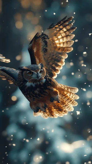 A moody vertical frame of the owl flying across frozen forest shadows.