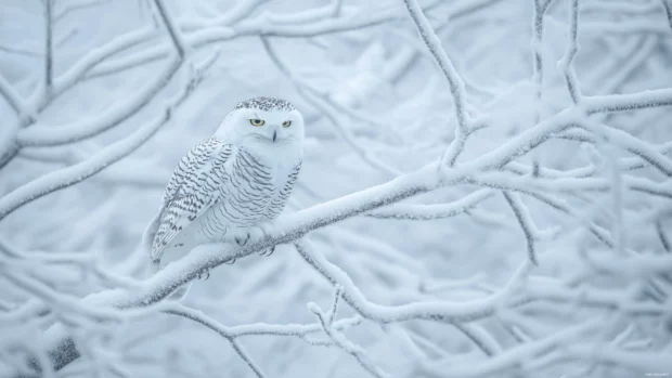A moody winter forest with a snowy owl camouflaged between bare white branches.