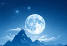 A moonlit night sky reflecting off a calm mountain lake, surrounded by silhouetted peaks.