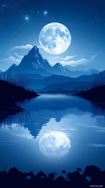 A moonlit night sky reflecting off a calm mountain lake, surrounded by silhouetted peaks.