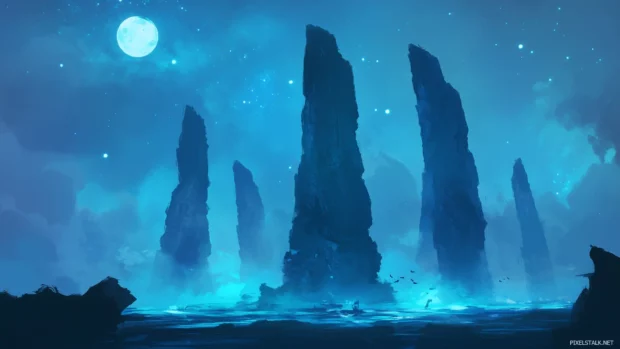 A mountainous skyline where jagged peaks rise dramatically under a twilight sky, with the first stars appearing.