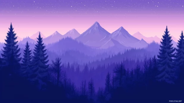 A mountainous skyline where jagged peaks rise dramatically under a twilight sky, with the first stars appearing.
