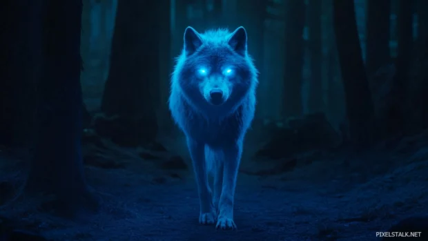 A mysterious forest path illuminated only by the soft glow of a passing blue wolf.