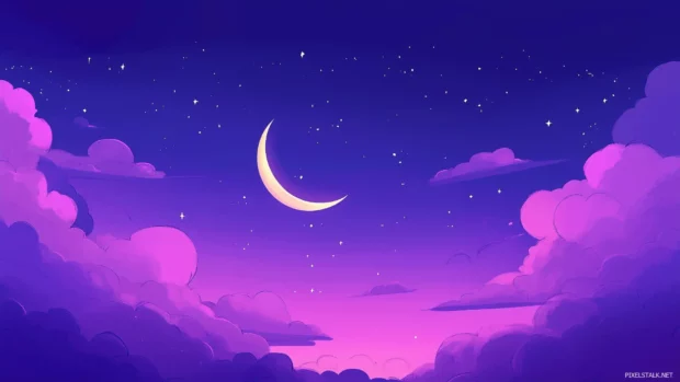 A mystic night sky, glowing crescent moon, sparse stars, faint clouds.