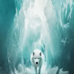 A mystic white wolf walking through a frozen vertical hallway of light.