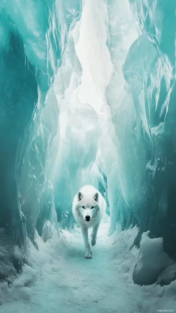 A mystic white wolf walking through a frozen vertical hallway of light.
