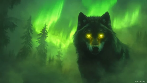 A mystical forest glows as the auroras rise behind a glowing eyed wolf.