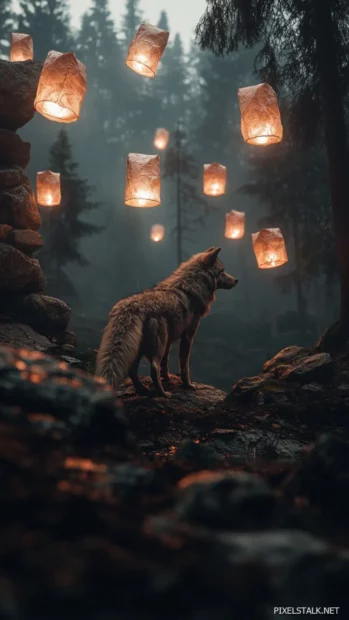 A mystical lone wolf passing under a stone arch filled with floating lanterns.