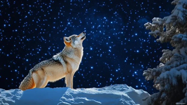 A mystical night sky filled with stars behind a howling wolf on a snowy ledge.