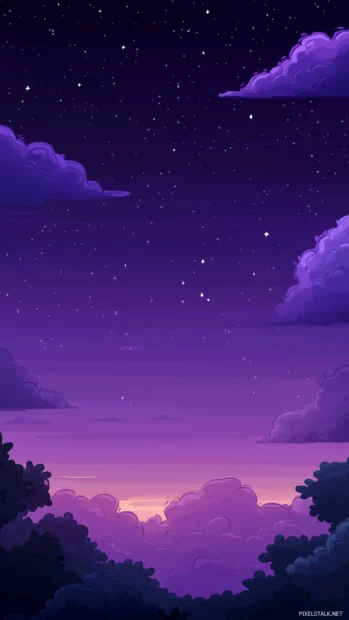 A mystical purple sky at dusk, with rich shades of lavender and violet blending into deep indigo clouds.