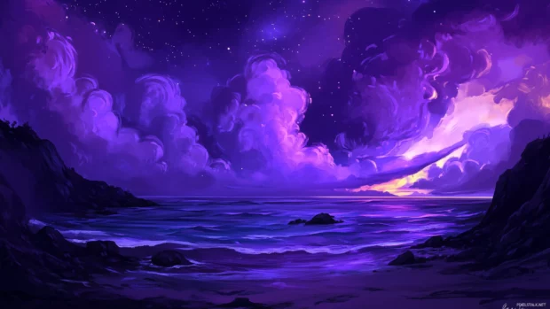 A mystical purple sky filled with stars and swirling nebulae, creating an otherworldly atmosphere.