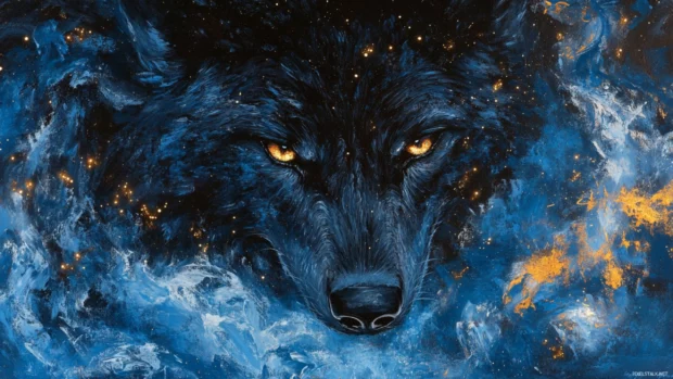 A mystical scene where the black wolf eyes glow as stardust swirls around it.