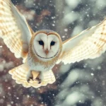 A mystical vertical image of the Barn Owl flying above snowy fields.