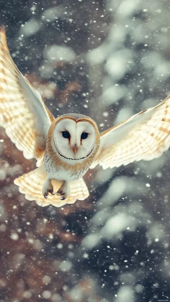 A mystical vertical image of the Barn Owl flying above snowy fields.