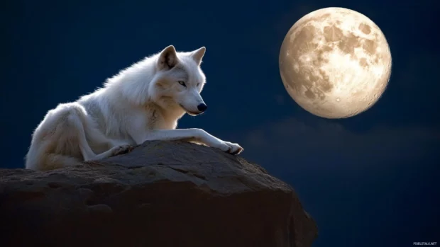 A mystical white wolf perched on a cliff glowing under a blue moon.