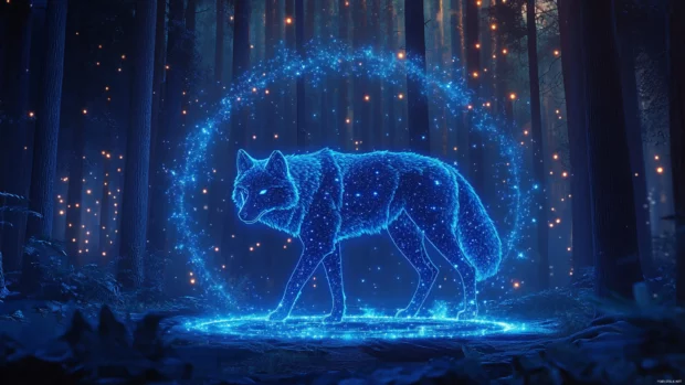 A mystical wolf made of stars stands in the middle of a glowing circle in the forest.