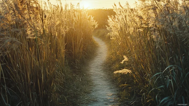 A narrow path winds into sunrise through tall reeds.
