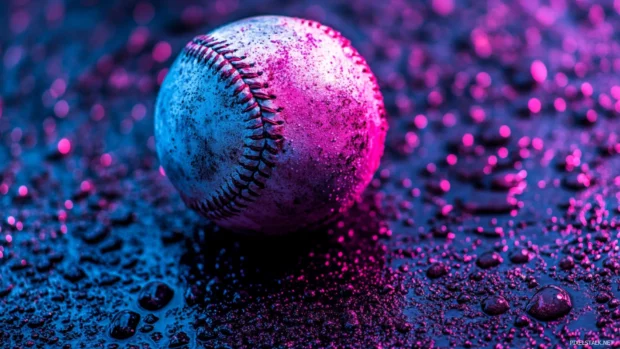 A neon baseball on a dark asphalt background, glowing with electric blue and purple hues, creating a cyberpunk feel.