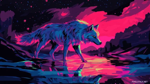 A neon colored galaxy wolf walks through a field of stars, casting shadows across constellations.