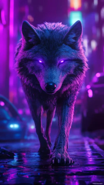 A neon cyber wolf walking through a futuristic city.