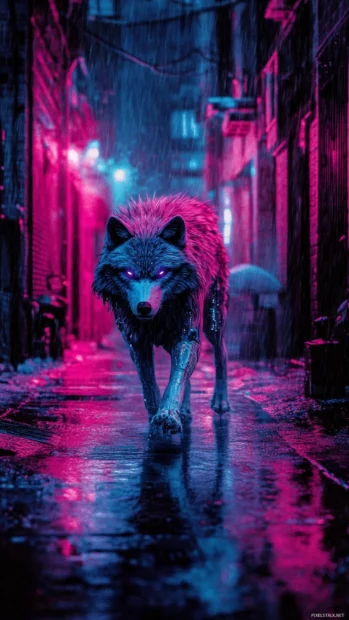 A neon drenched alley with a cybernetic wolf walking confidently through rain.