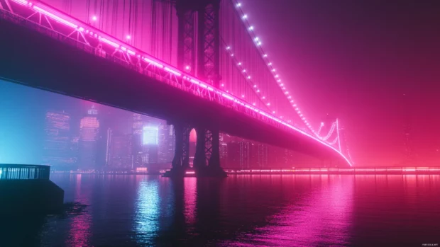 A neon lit bridge crosses a still Hudson in New York City at night.