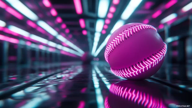 A neon outlined baseball floating in a futuristic cyberpunk cityscape, glowing reflections on the metallic ground.