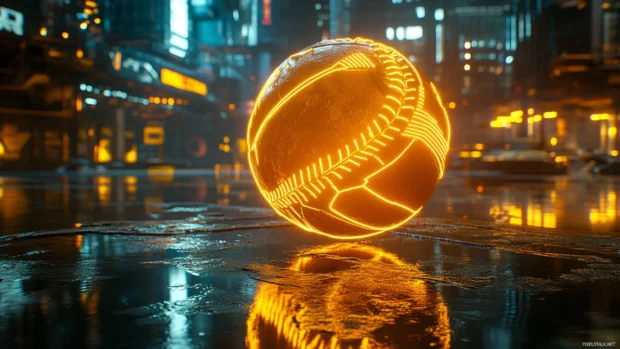 A neon outlined baseball floating in a futuristic cyberpunk cityscape, glowing reflections on the metallic ground.