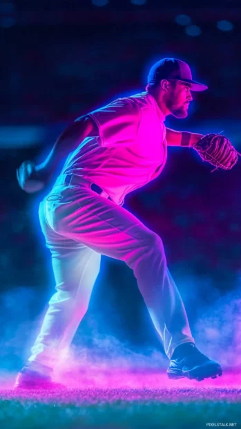 A neon outlined baseball player in a retro futuristic stadium, glowing in vibrant blues and purples.