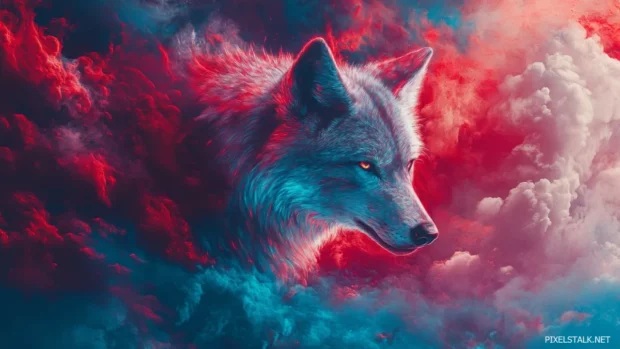 A neon streaked abstract portrait of a calm wolf looking into the distance.
