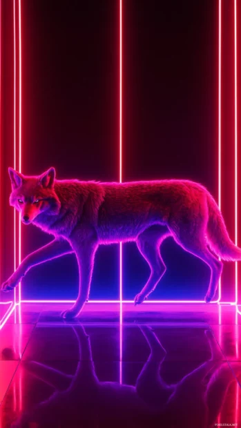 A neon trail follows the running wolf across a mirrored floor in this vertical neon wolf wallpaper.