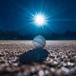 A night game scene, with bright stadium lights shining down on a lone baseball on the field.