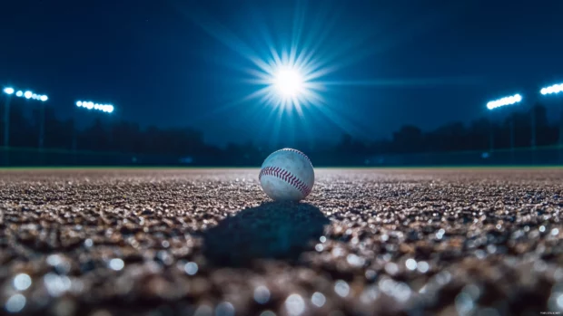 A night game scene, with bright stadium lights shining down on a lone baseball on the field.