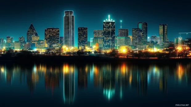 A night panorama of Dallas city with illuminated skyscrapers and reflections on nearby water.