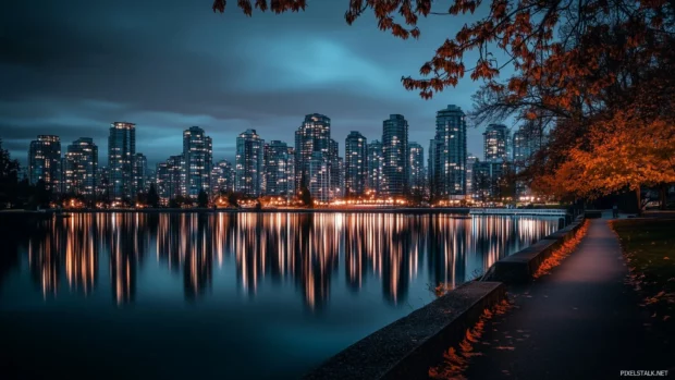 A night scene of a city waterfront with reflections of city lights dancing on the water.