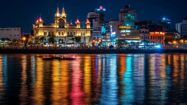 A night scene of a city waterfront with reflections of city lights dancing on the water.