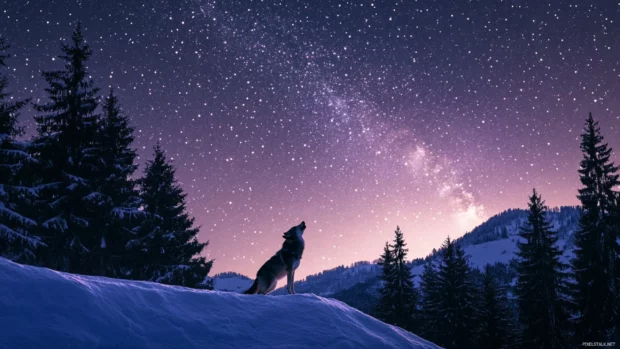 A night sky filled with stars behind a howling wolf on a snowy ledge.