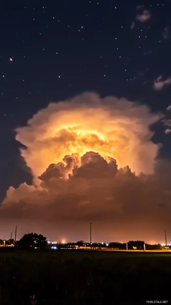 A night sky with dramatic clouds illuminated by a full moon, creating a mysterious and magical atmosphere.