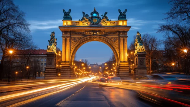 A night view of a city bridge illuminated by streetlights and passing cars.