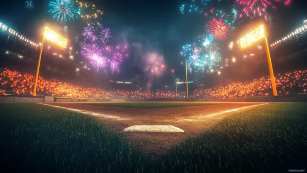 A nighttime baseball field with fireworks exploding in the sky, colorful lights reflecting off the grass .