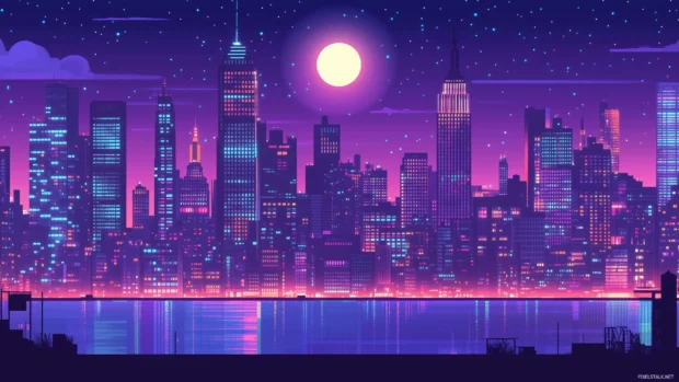 A nighttime view of the NYC skyline with a full moon glowing above, casting soft light on the iconic skyscrapers.