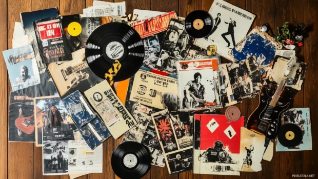 A nostalgic image of classic rock band memorabilia, including guitar picks, posters, and records, arranged artistically on a wooden table, creating a vintage rock feel.