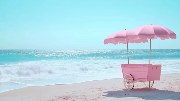 A nostalgic pink beach with pastel hues, retro umbrellas, and a beach wagon.