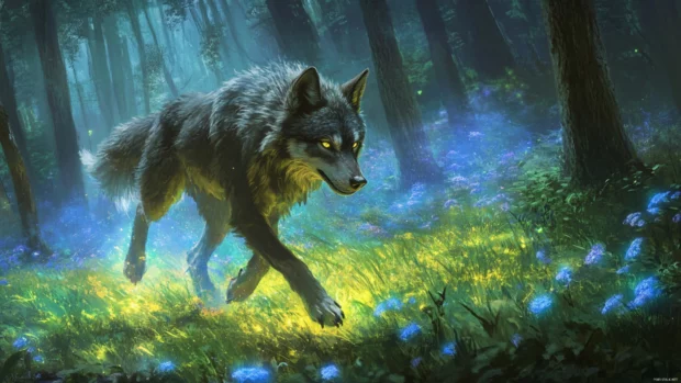 A painted scene of a mystical wolf sprinting through glowing grass in an enchanted forest.