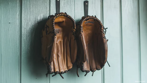 A pair of baseball gloves hanging on a wall hook.