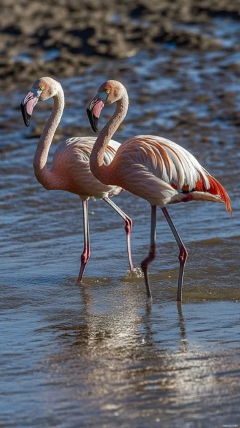 A pair of flamingos walking side by side across shallow beach water, long shadows stretching behind them.