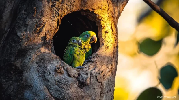 A pair of green parrots nesting in a hollow tree under golden evening light.